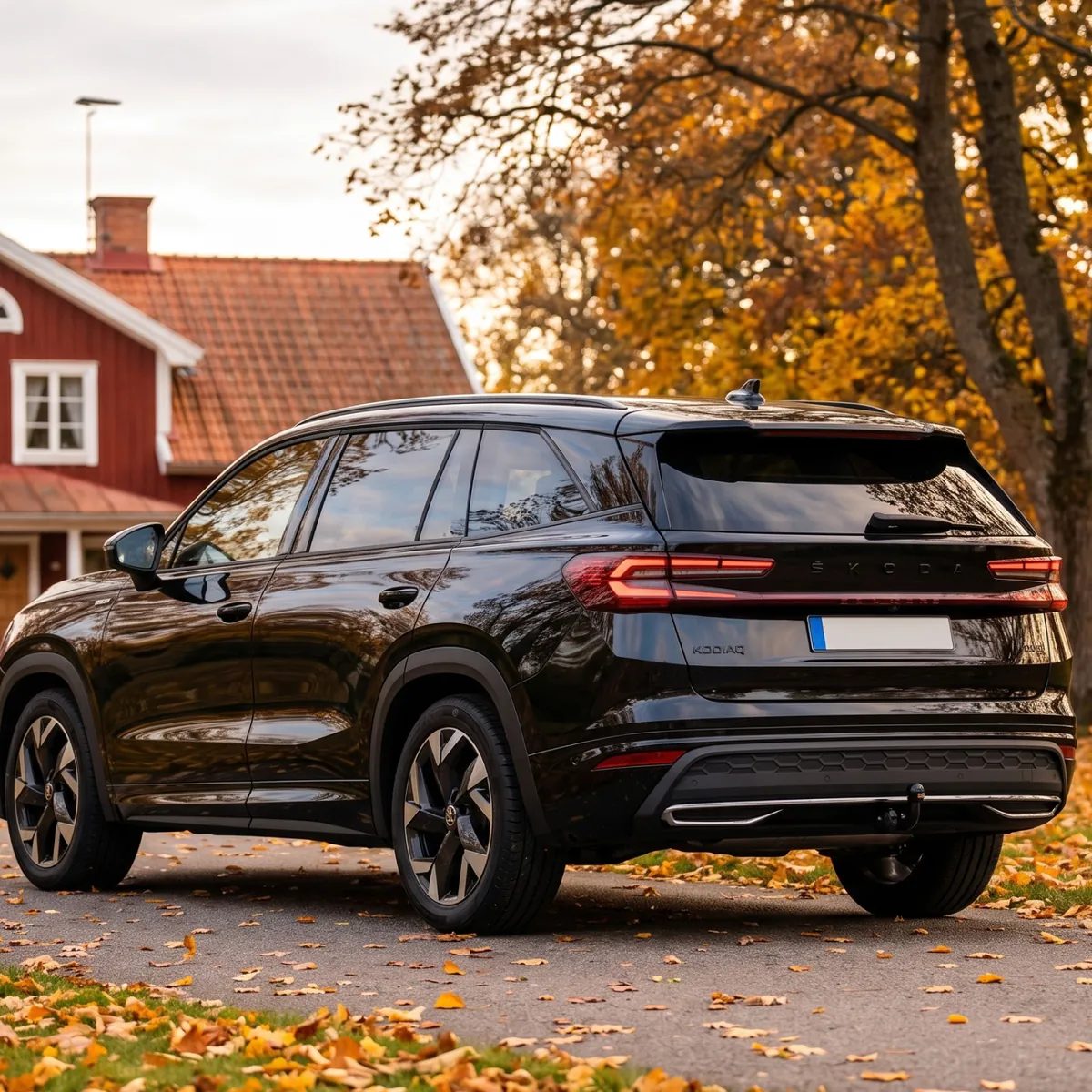 Svart Škoda Kodiaq vid ett rött hus en höstdag